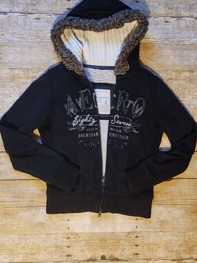 Aeropostale Black Hooded Bomber Jacket with Sherpa Trim